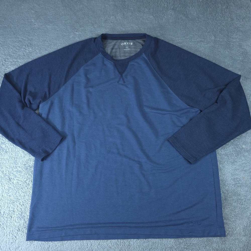 Orvis T-Shirt Mens 2XL Blue Long Sleeve Raglan Colorblock Stretch Jersey Logo